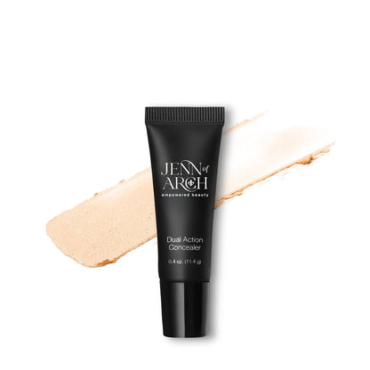 Jenn of Arch Dual Action Concealer showing the concealer tube with concealer swatch for light shade behind it