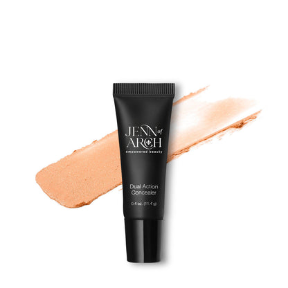 Jenn of Arch Dual Action Concealer showing the concealer tube with concealer swatch for light peach shade behind it