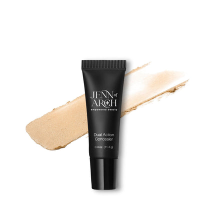 Jenn of Arch Dual Action Concealer showing the concealer tube with concealer swatch for warm honey shade behind it