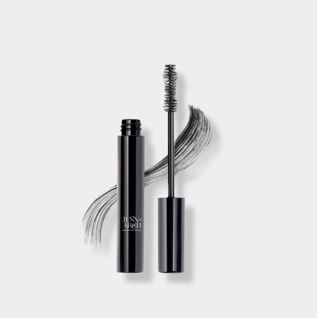 Jenn of Arch 6-in-1 clean mascara showing a sleek black tube and a brush applicator with well-defined bristles.