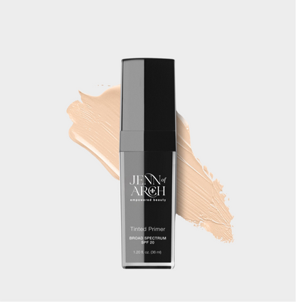 Jenn of Arch Tinted Love Primer in a sleek bottle, showcasing its smooth, tinted formula in light for a flawless makeup base.